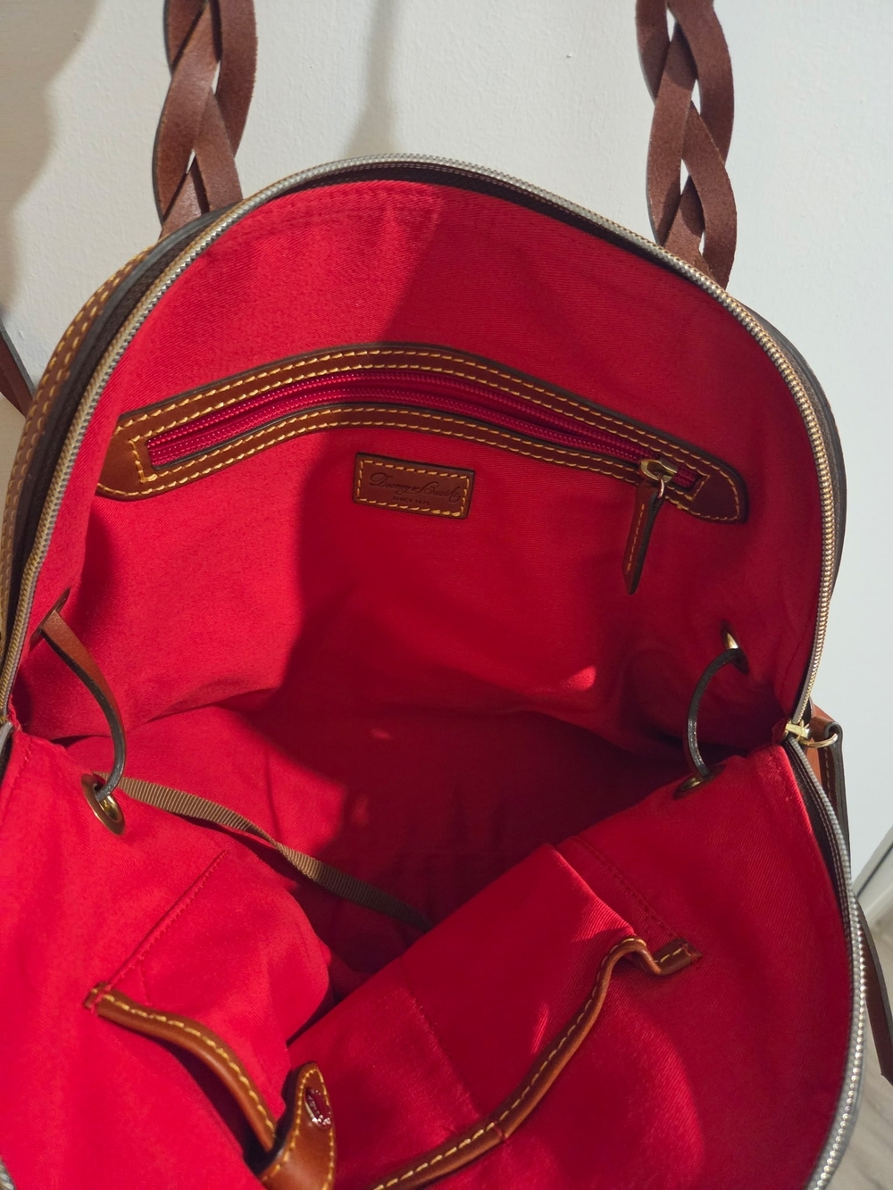 Vintage Dooney & Bourke Tan Canvas Shoulder Bag with Braided Brown Leather Strap - Picture 2 of 3